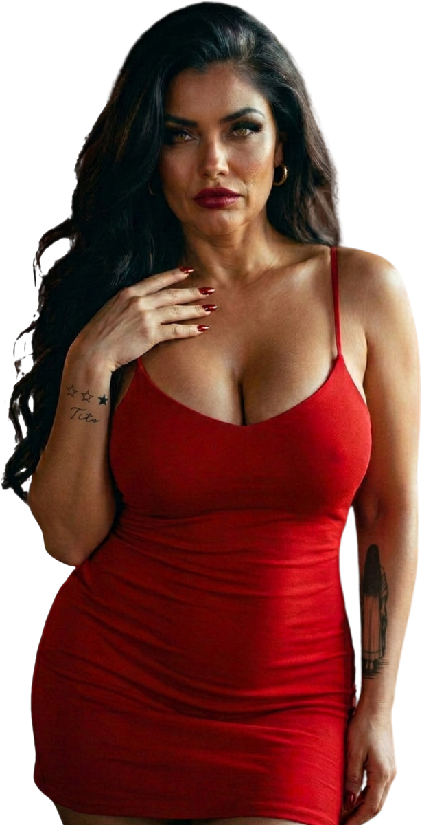 Barbi, in a red dress
